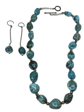Sterling Silver Blue Dyed Turquoise Bead Necklace and Drop Earrings Set